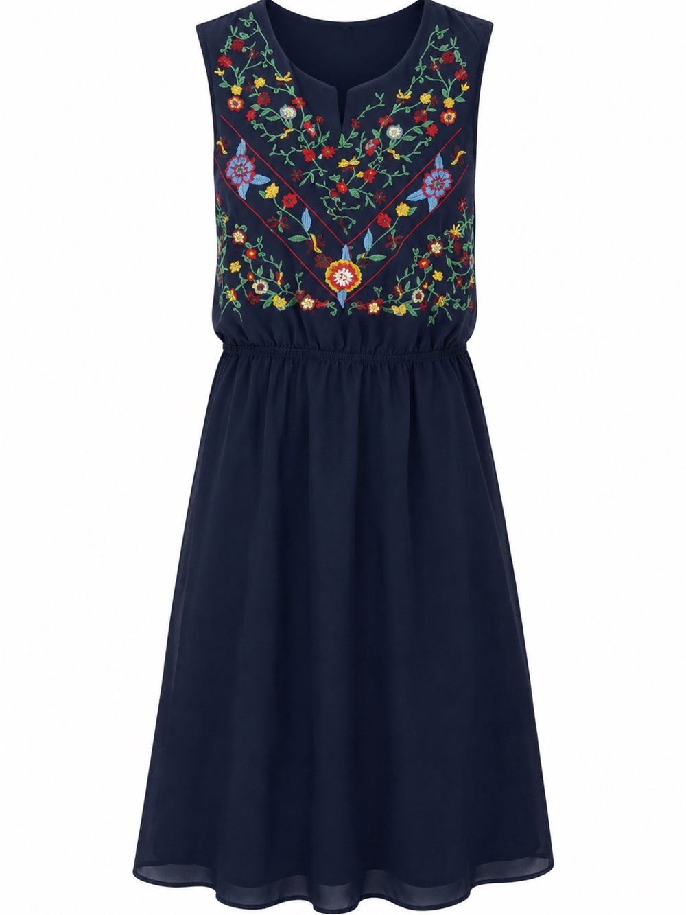 Navy Embroidered Floral Boho Midi Dress Belted Sleeveless M